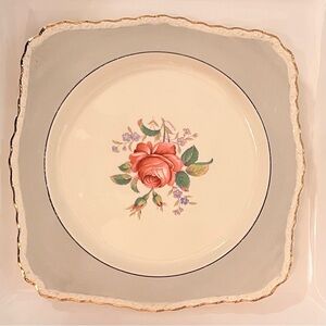 Vintage Myott porcelain plate with a rose motif and gold trim square shape